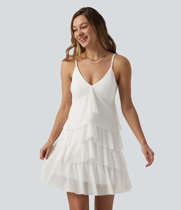Crisscross Backless Mesh Overlay Built-in Bra Mini Casual Tiered Slip Dress with Pockets