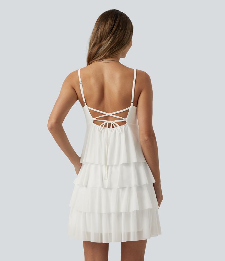 Robe nuisette courte décontractée à volants, dos nu croisé, empiècement en résille, brassière intégrée et poches