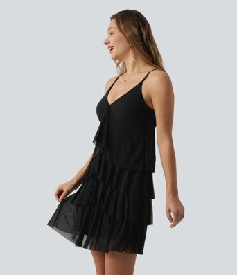 Robe nuisette courte décontractée à volants, dos nu croisé, empiècement en résille, brassière intégrée et poches