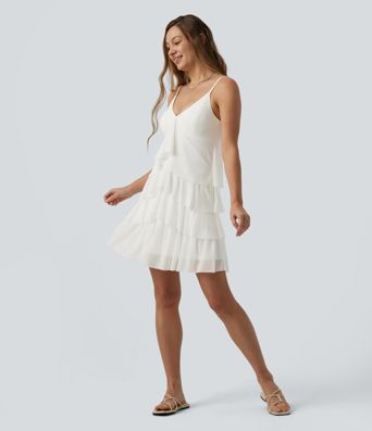 Robe nuisette courte décontractée à volants, dos nu croisé, empiècement en résille, brassière intégrée et poches