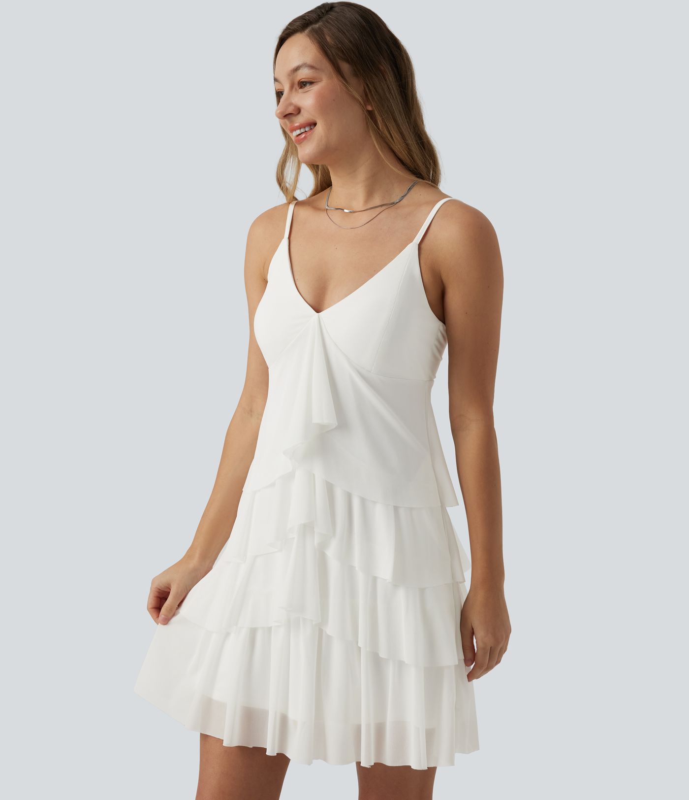 Robe nuisette courte décontractée à volants, dos nu croisé, empiècement en résille, brassière intégrée et poches