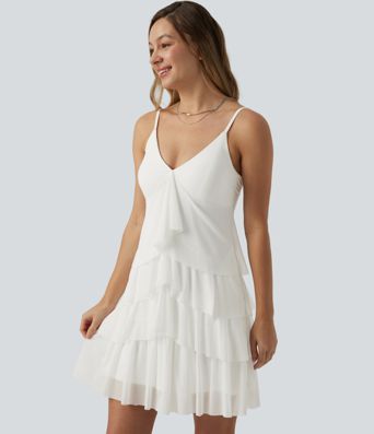 Robe nuisette courte décontractée à volants, dos nu croisé, empiècement en résille, brassière intégrée et poches