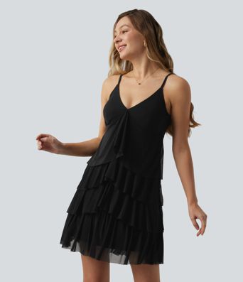 Robe nuisette courte décontractée à volants, dos nu croisé, empiècement en résille, brassière intégrée et poches