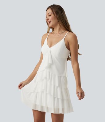 Robe nuisette courte décontractée à volants, dos nu croisé, empiècement en résille, brassière intégrée et poches