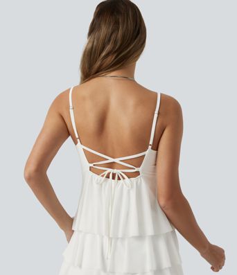 Robe nuisette courte décontractée à volants, dos nu croisé, empiècement en résille, brassière intégrée et poches