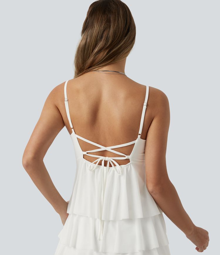 Robe nuisette courte décontractée à volants, dos nu croisé, empiècement en résille, brassière intégrée et poches