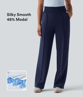 SpacerTek™ High Waisted Shirred Casual Straight Leg Sweatpants with Pockets