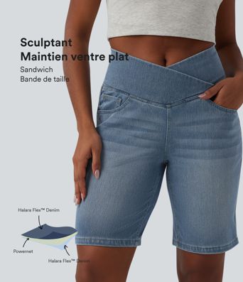 Short en jean Halara Flex™ casual gainant taille haute croisée avec poches