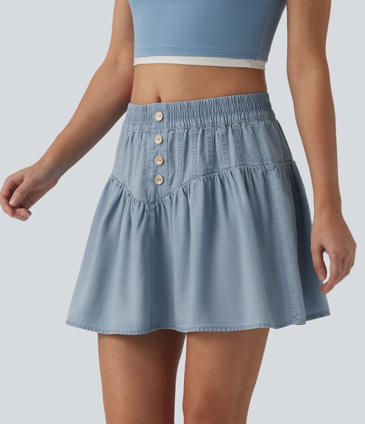 Drapierter Minirock aus Lyocell-Denim mit mittlerer Bundhöhe, lässiger A-Linien-Schnitt Drapierter Minirock aus Lyocell-Denim mit mittlerer Bundhöhe, lässiger A-Linien-Schnitt