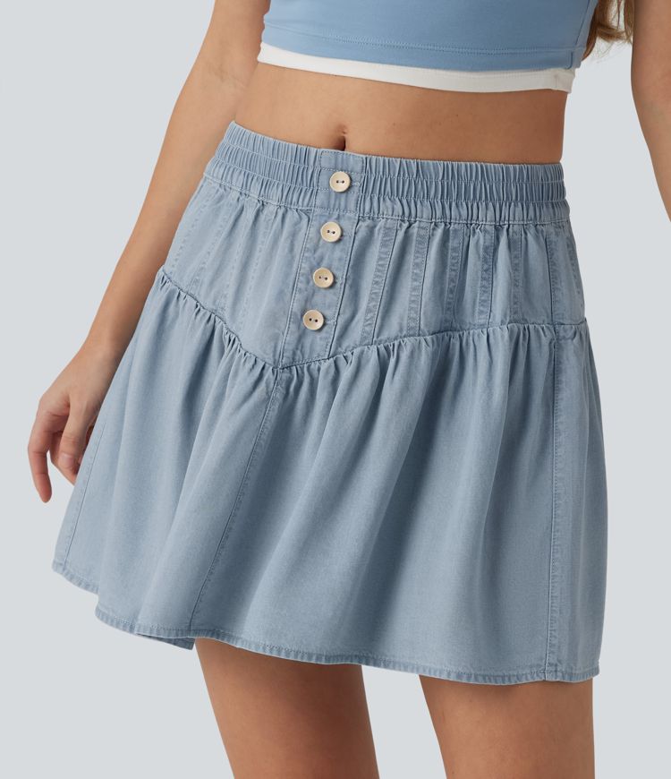 Drapierter Minirock aus Lyocell-Denim mit mittlerer Bundhöhe, lässiger A-Linien-Schnitt Drapierter Minirock aus Lyocell-Denim mit mittlerer Bundhöhe, lässiger A-Linien-Schnitt