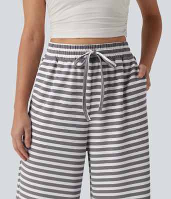 Lässige Hose aus Waffelstoff mit hohem Bund, Seitentaschen, Kordelzug, Streifen und weitem Bein