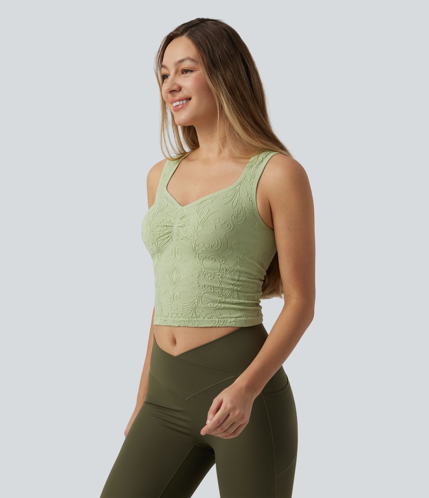 Brassière courte col V en jacquard avec fronces et brassière intégrée