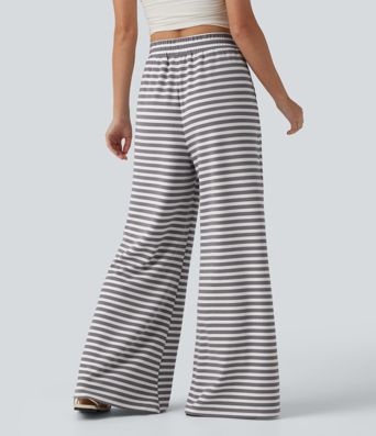 Lässige Hose aus Waffelstoff mit hohem Bund, Seitentaschen, Kordelzug, Streifen und weitem Bein