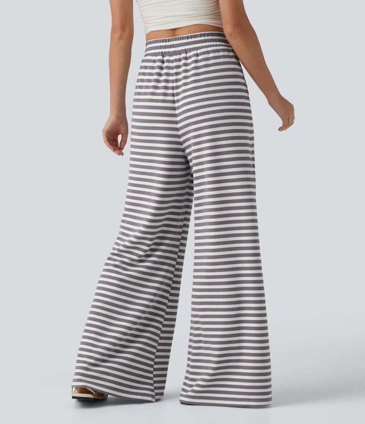 Lässige Hose aus Waffelstoff mit hohem Bund, Seitentaschen, Kordelzug, Streifen und weitem Bein