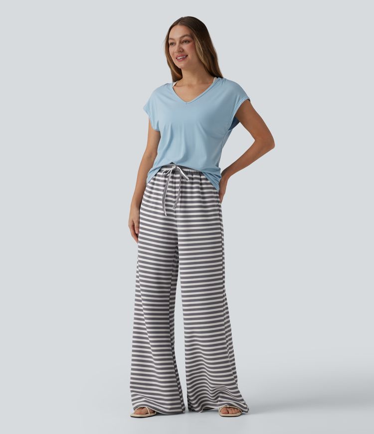 Lässige Hose aus Waffelstoff mit hohem Bund, Seitentaschen, Kordelzug, Streifen und weitem Bein