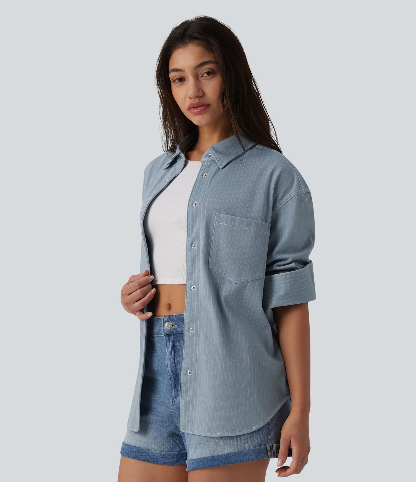 Halara Flex™ Chemise en denim manches longues à rayures avec poche