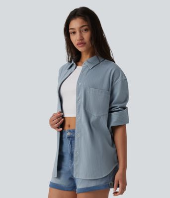 Halara Flex™ Chemise en denim manches longues à rayures avec poche