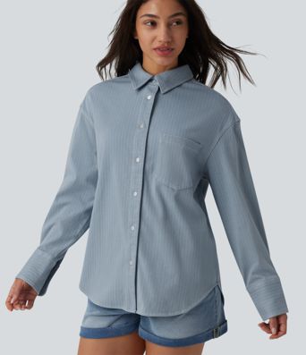 Halara Flex™ Chemise en denim manches longues à rayures avec poche