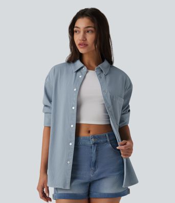 Halara Flex™ Chemise en denim manches longues à rayures avec poche