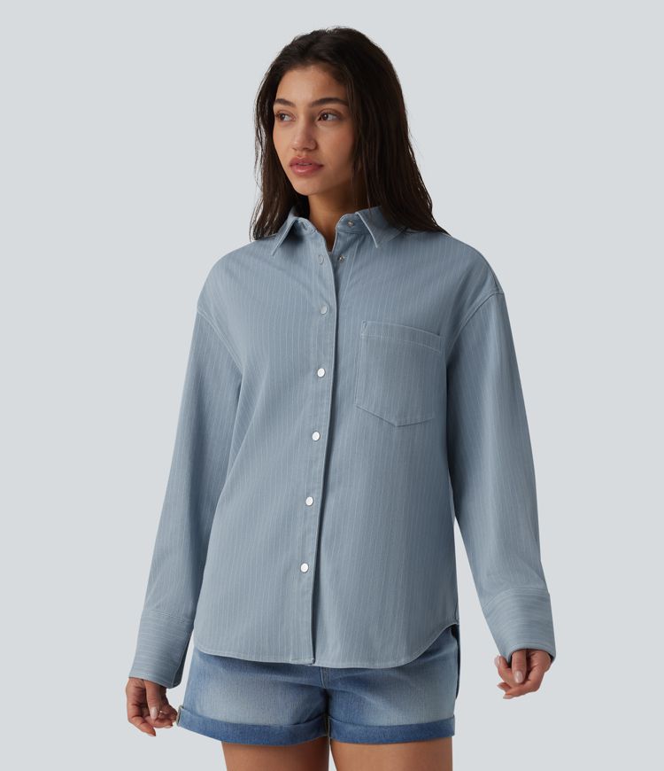 Halara Flex™ Chemise en denim manches longues à rayures avec poche