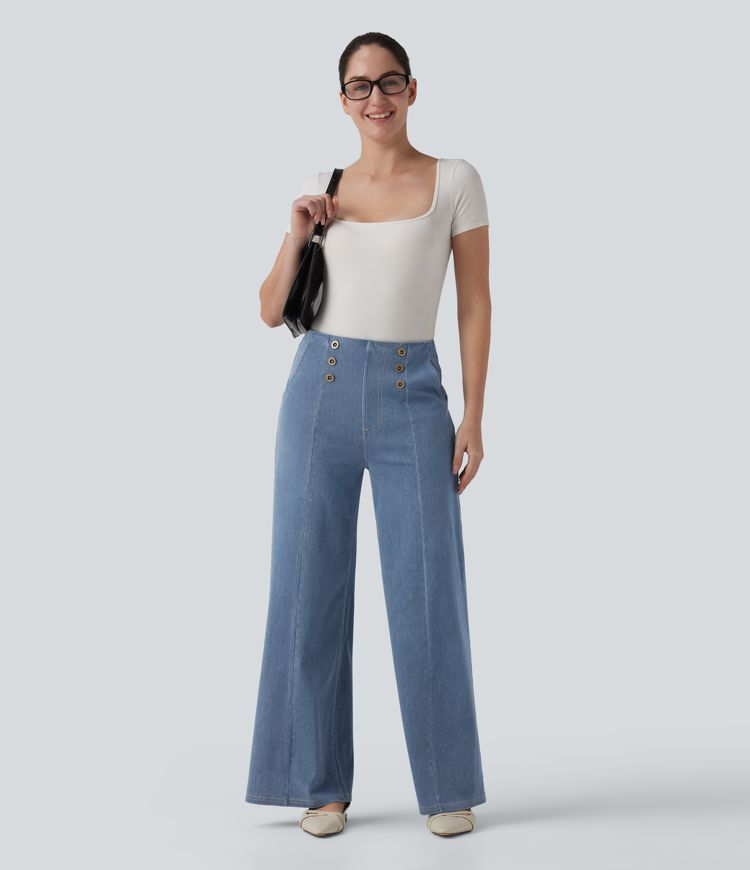 Halara Flex™ High Waisted Decorative Buttons Casual Wide Leg Jeans with Pockets