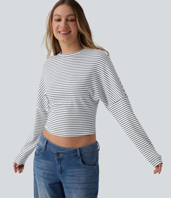 Žebrovaný pruhovaný top z úpletu s kulatým výstřihem a dlouhým rukávem