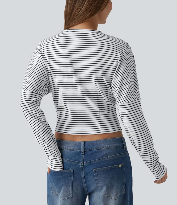 Žebrovaný pruhovaný top z úpletu s kulatým výstřihem a dlouhým rukávem