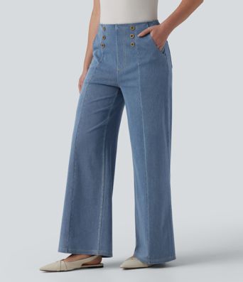 Halara Flex™ High Waisted Decorative Buttons Casual Wide Leg Jeans with Pockets