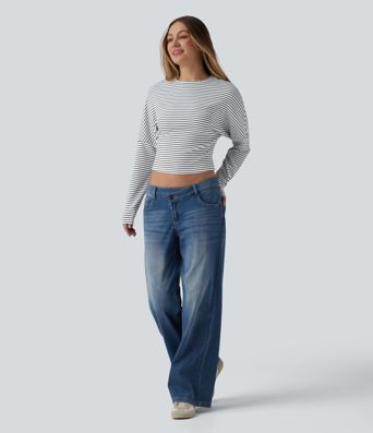 Žebrovaný pruhovaný top z úpletu s kulatým výstřihem a dlouhým rukávem