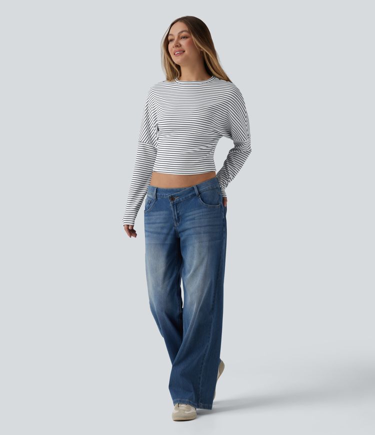 Žebrovaný pruhovaný top z úpletu s kulatým výstřihem a dlouhým rukávem