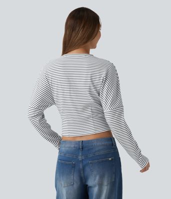 Žebrovaný pruhovaný top z úpletu s kulatým výstřihem a dlouhým rukávem