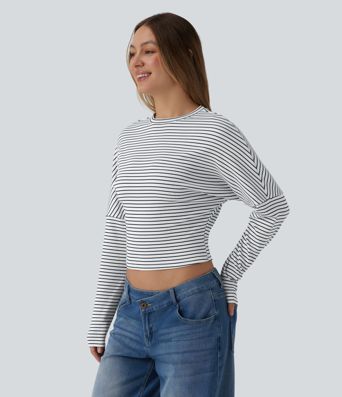 Žebrovaný pruhovaný top z úpletu s kulatým výstřihem a dlouhým rukávem
