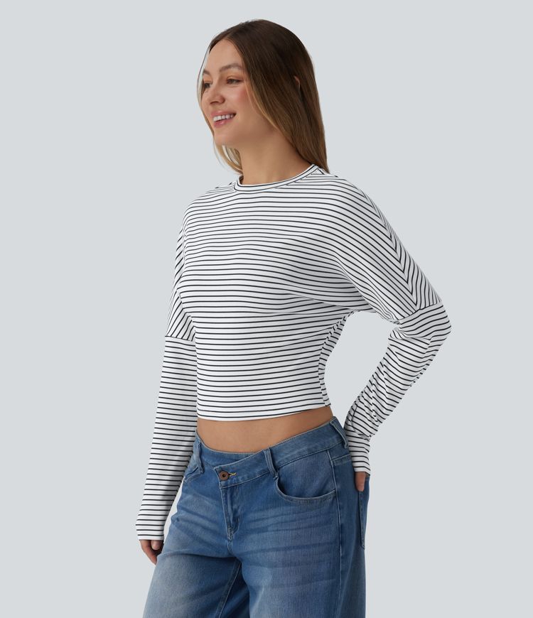 Žebrovaný pruhovaný top z úpletu s kulatým výstřihem a dlouhým rukávem