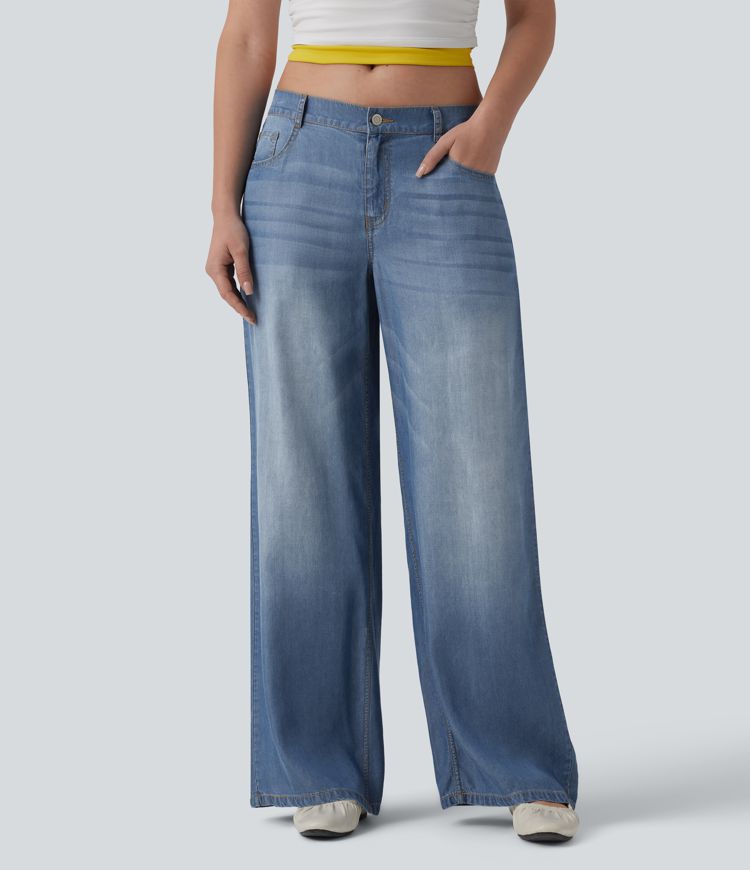 Low Rise Draped Casual Wide Leg Jeans with Pockets