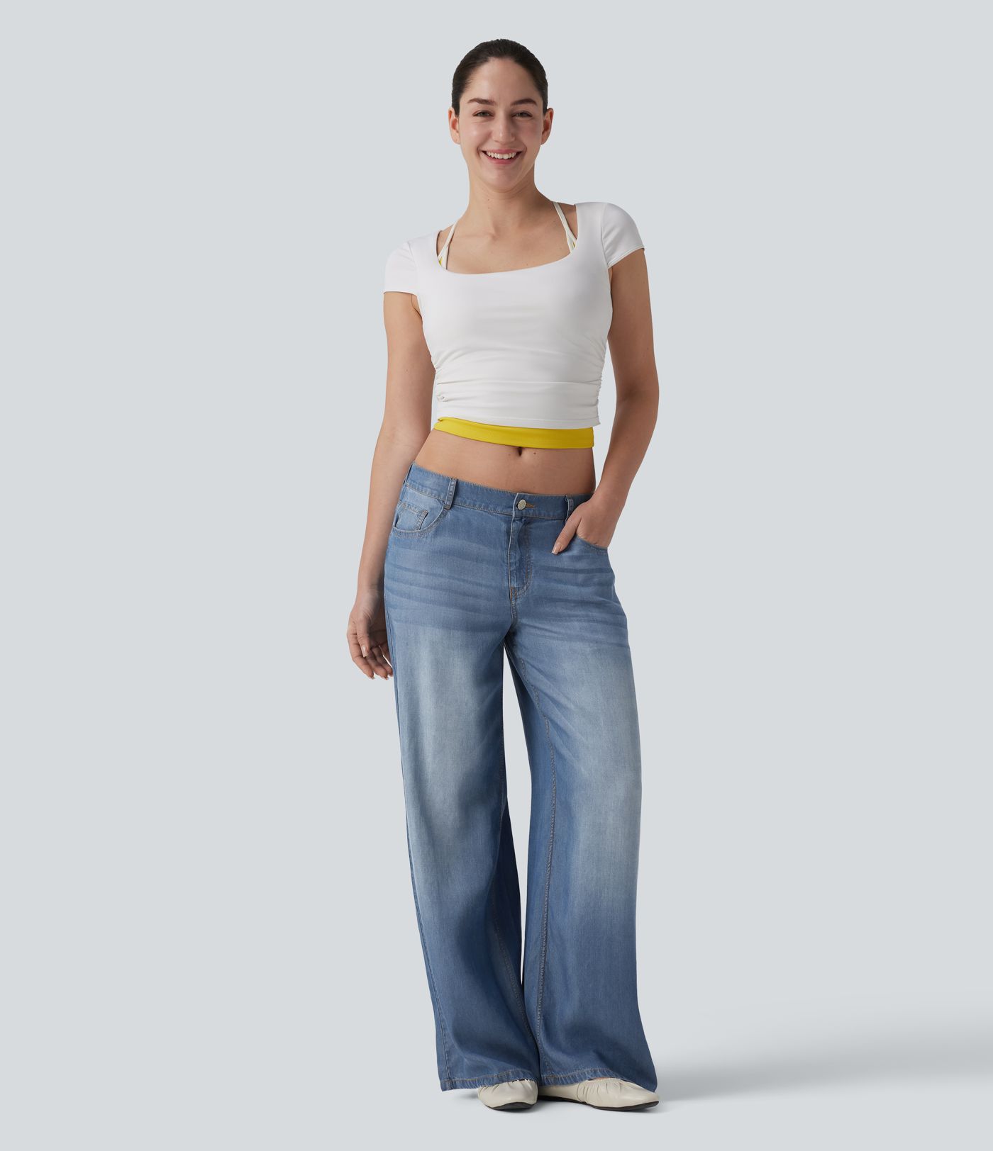 Low Rise Draped Casual Wide Leg Jeans with Pockets