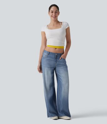 Low Rise Draped Casual Wide Leg Jeans with Pockets