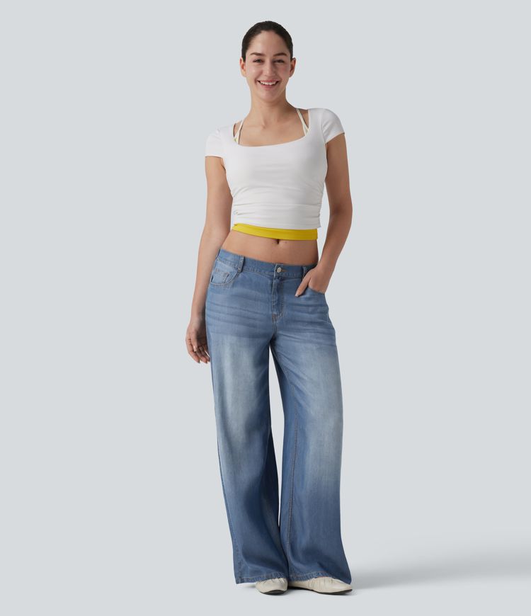 Low Rise Draped Casual Wide Leg Jeans with Pockets