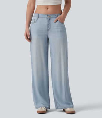 Jean large drapé taille basse avec poches