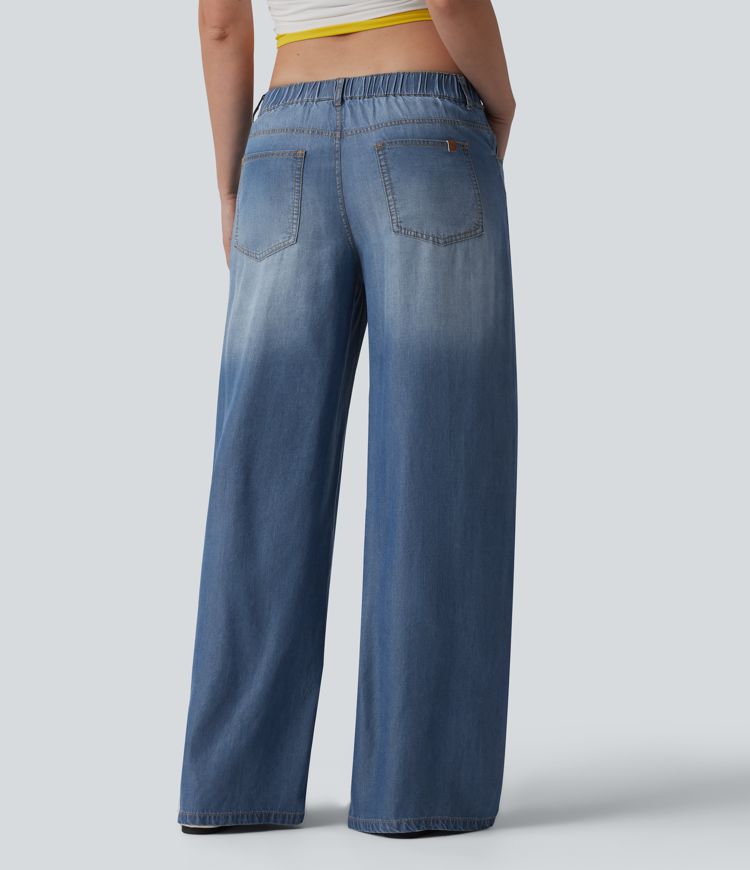 Low Rise Draped Casual Wide Leg Jeans with Pockets