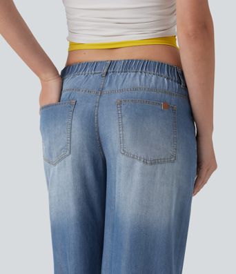 Low Rise Draped Casual Wide Leg Jeans with Pockets