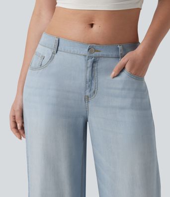 Jean large drapé taille basse avec poches