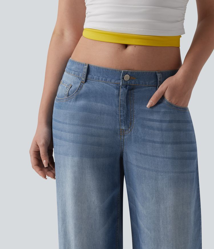 Low Rise Draped Casual Wide Leg Jeans with Pockets