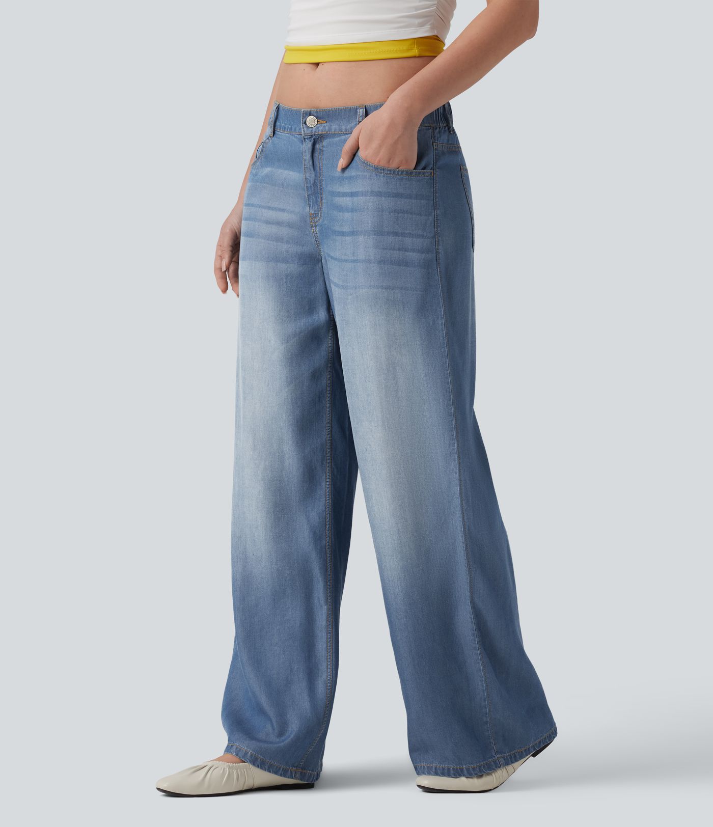 Low Rise Draped Casual Wide Leg Jeans with Pockets