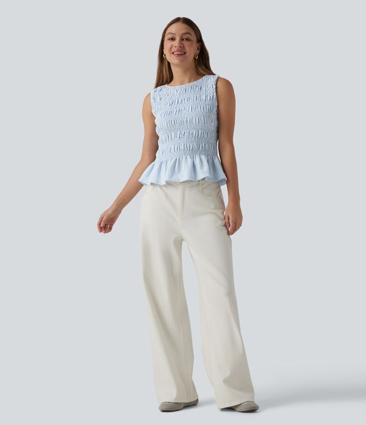 Boat Neck Sleeveless Stripe Shirred Ruffle Hem Casual Top