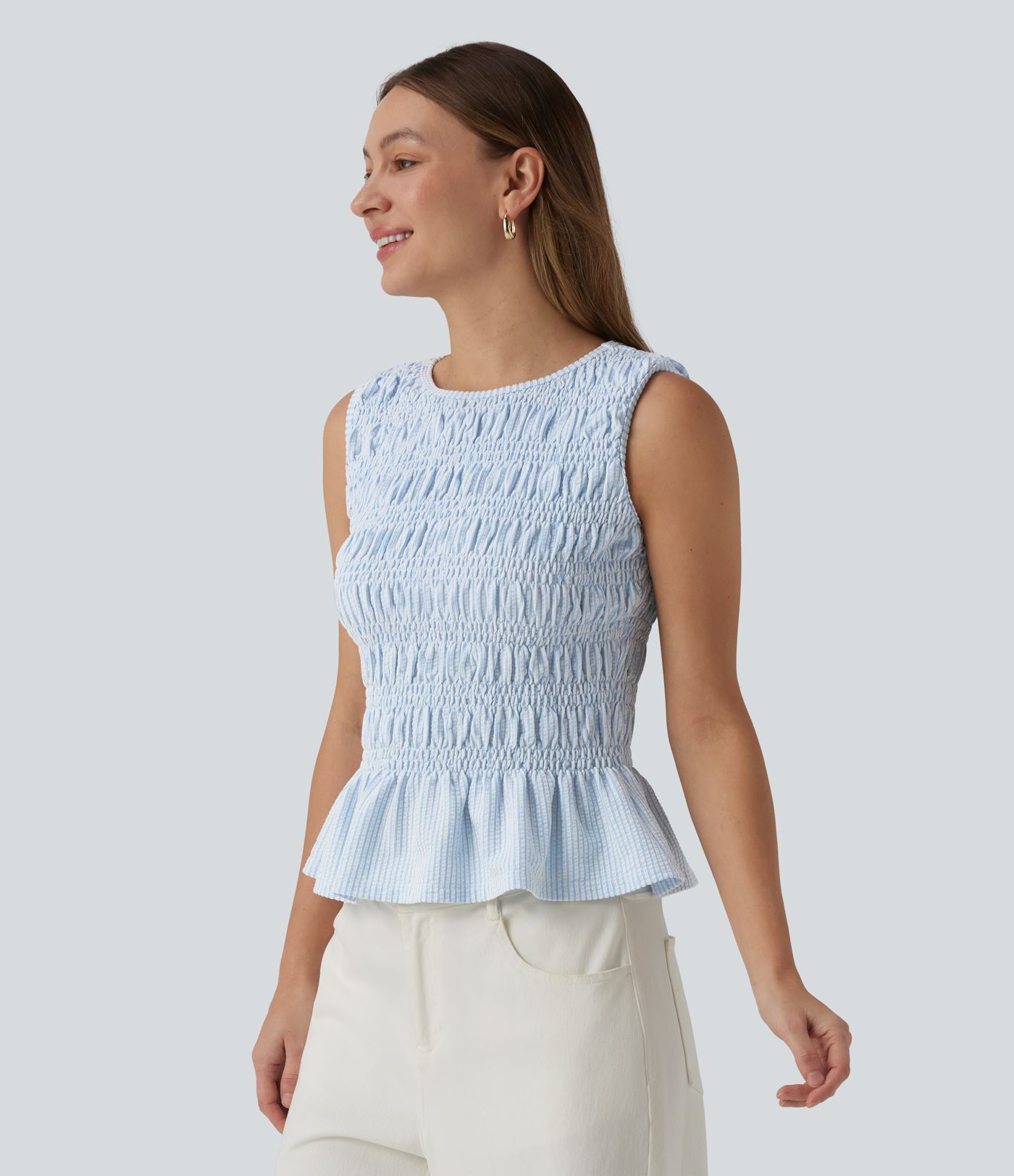 Boat Neck Sleeveless Stripe Shirred Ruffle Hem Casual Top