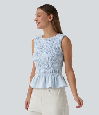 Boat Neck Sleeveless Stripe Shirred Ruffle Hem Casual Top
