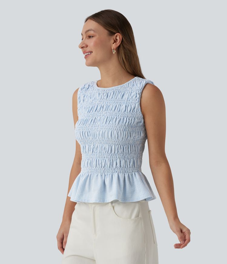 Boat Neck Sleeveless Stripe Shirred Ruffle Hem Casual Top