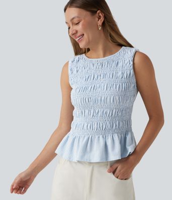Boat Neck Sleeveless Stripe Shirred Ruffle Hem Casual Top