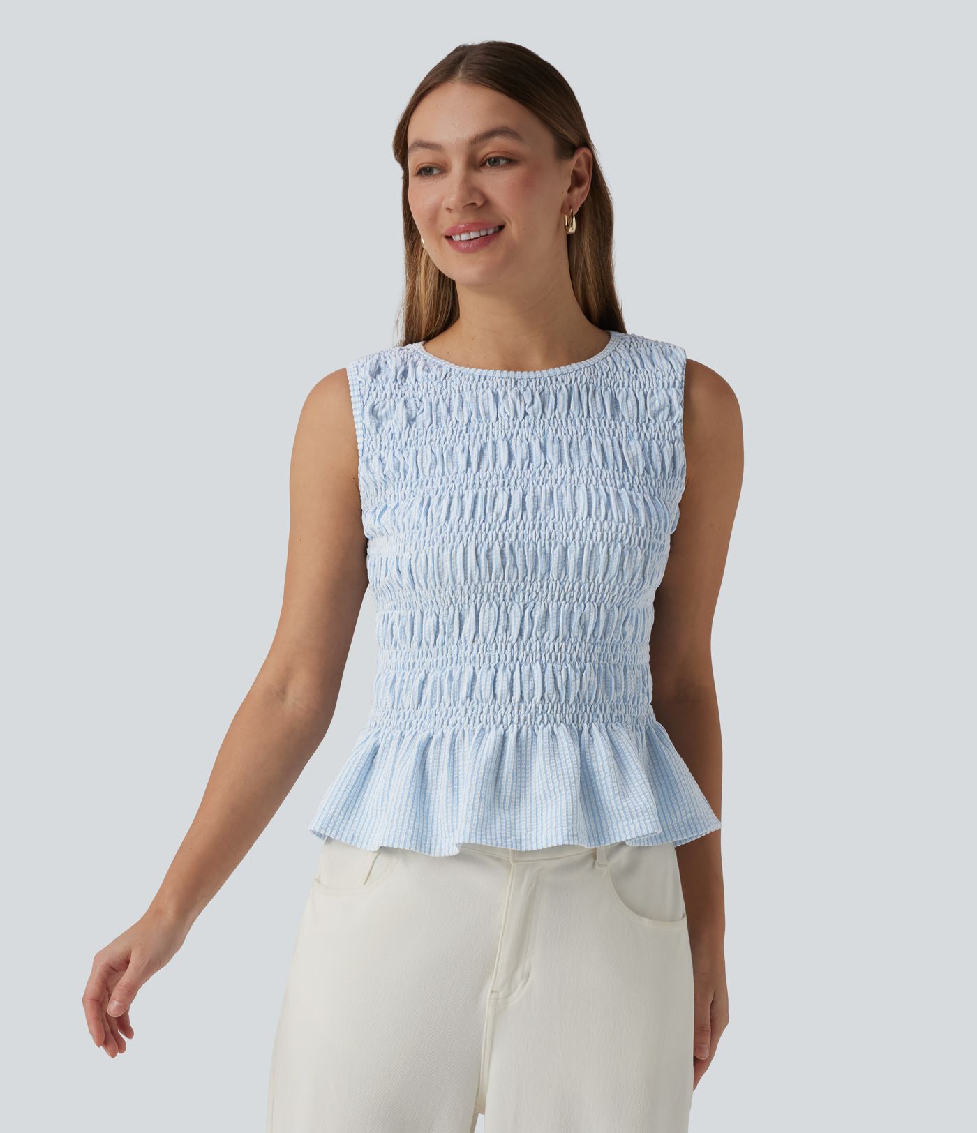 Boat Neck Sleeveless Stripe Shirred Ruffle Hem Casual Top