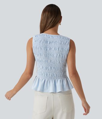 Boat Neck Sleeveless Stripe Shirred Ruffle Hem Casual Top